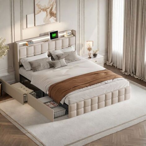 Lit Double capitonné 160x200 cm avec 4 tiroirs et LED intégrée, Lit Rembourré avec rangement, Lit Adulte en lin avec sommier, Beige