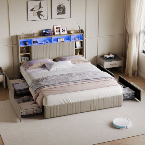 Lit double capitonné 160x200 cm avec 4 tiroirs,Lit adulte avec LED et USB,Sommier à lattes,Tête de lit avec Étagères,Tissu Lin Beige