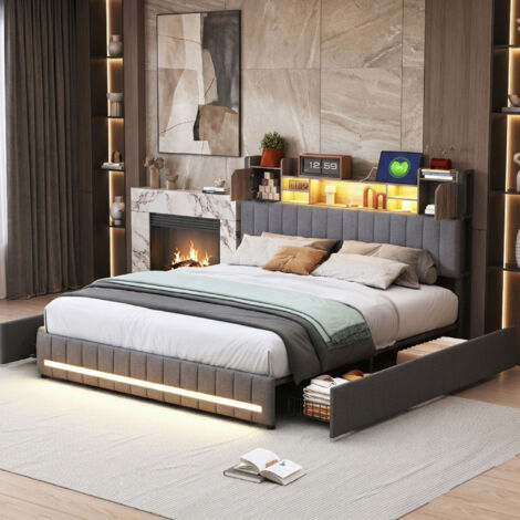 Lit double capitonné 160x200 cm, avec LED, 4 tiroirs, cadre de lit avec port USB, tête de lit avec rangement, lit 2 personnes avec sommier à lattes, lin, gris