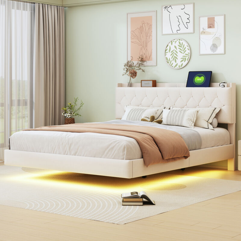 Gutent - Lit double capitonné 160x200 cm, avec port de charge usb et bande led, lin, beige