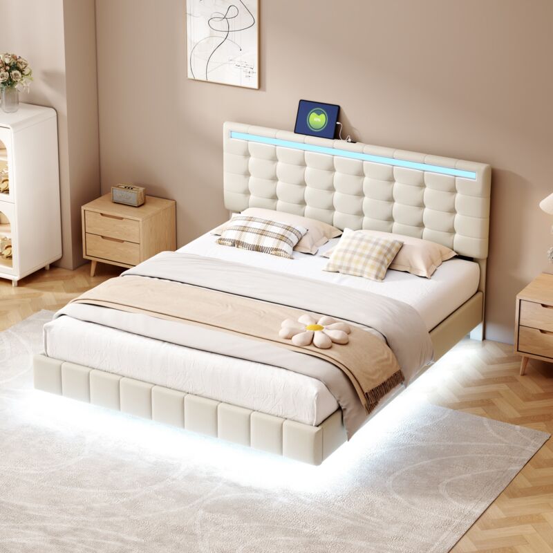 Lit double capitonné 160x200 cm, sommier à lattes en bois massif, bandeau lumineux led, lit flottant en lin, lit adulte - Beige