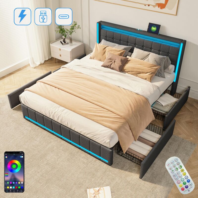 Lit double capitonné 160x200 cm, avec 4 tiroir, éclairage led, Télécommande, sommier à lattes, usb fonction de charge type c, tissu lin, lit adulte