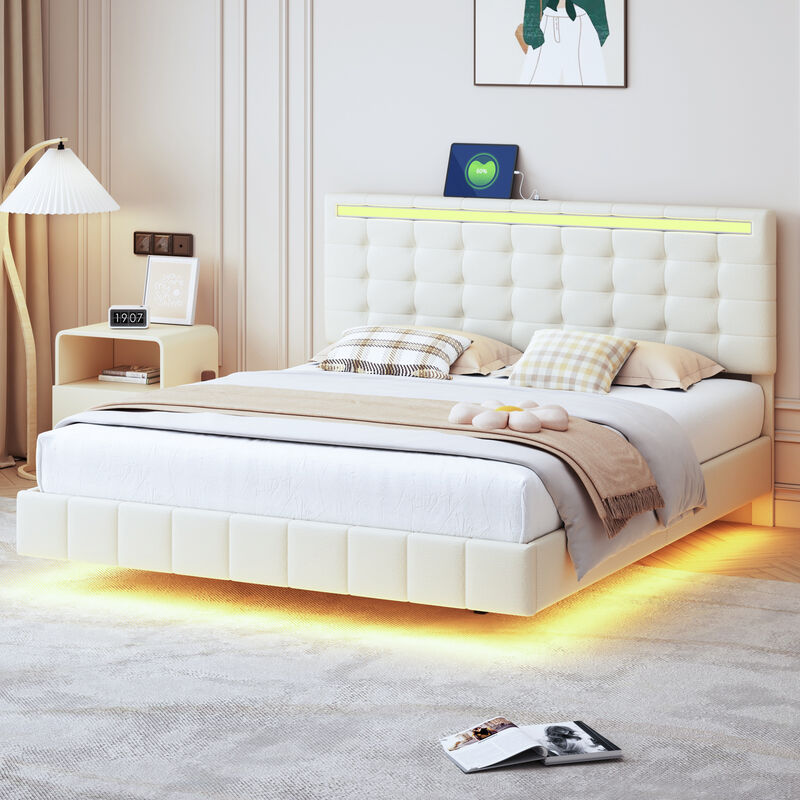 Lit double capitonné 160x200cm - avec éclairage led, cadre de lit flottant, sommier à lattes, lit adulte en lin - Beige - Beige