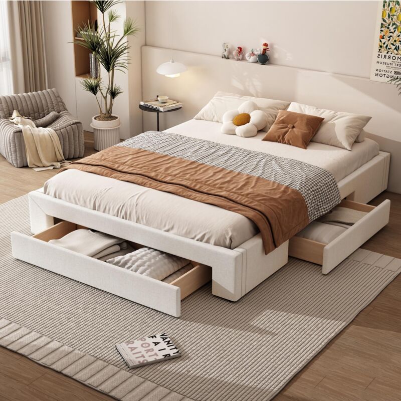 Lit double capitonné 160x200 cm, en lin, avec 3 tiroirs, sommier à lattes en bois, style Moderne, lit adulte - Beige