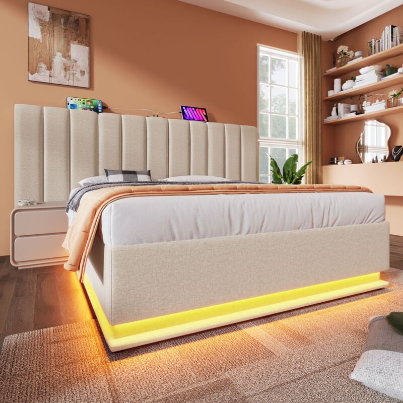Gutent - Lit double capitonné 180 x 200 avec led et recharge usb-c, lin, beige, sans tête de lit.