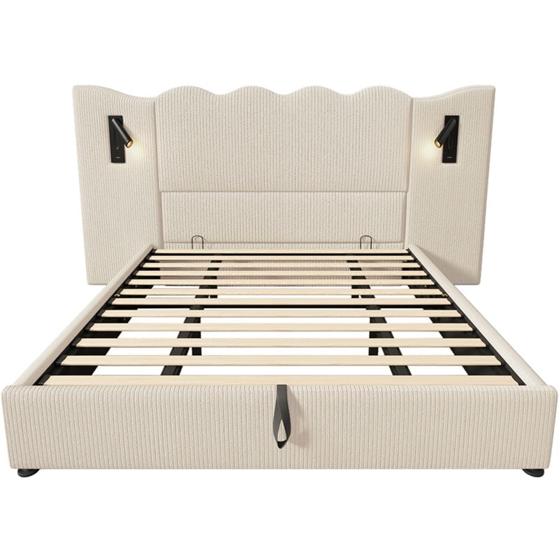 Lit double capitonné 180 x 200 avec liseuse et recharge USB Type-C, beige, tissu velours côtelé.