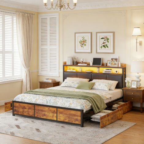 Lit double capitonné 180×200 avec APP-Control LED,4 tiroirs,Cadre de lit métallique,Sommier à lattes en métal Cuir noir,pour Adultes