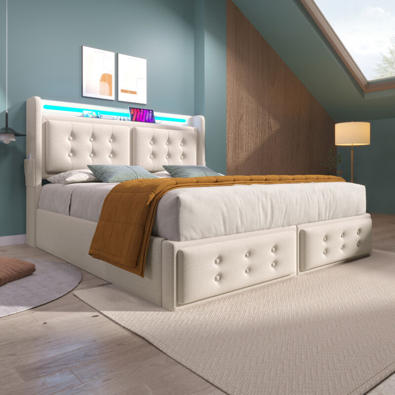 Gutent - Lit Double Capitonné 180x200 Avec Tête De Lit led Et Chargeur usb c, Beige (sans Matelas)