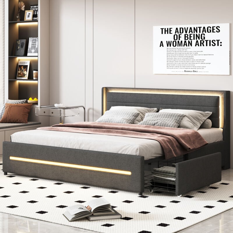 Gutent - Lit double capitonné 180x200 cm, avec éclairage led, compartiment de rangement- Gris