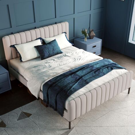 Lit double capitonné 180x200 cm, tissu lin, avec sommier à lattes, tête de lit, lit adulte style scandinave - beige