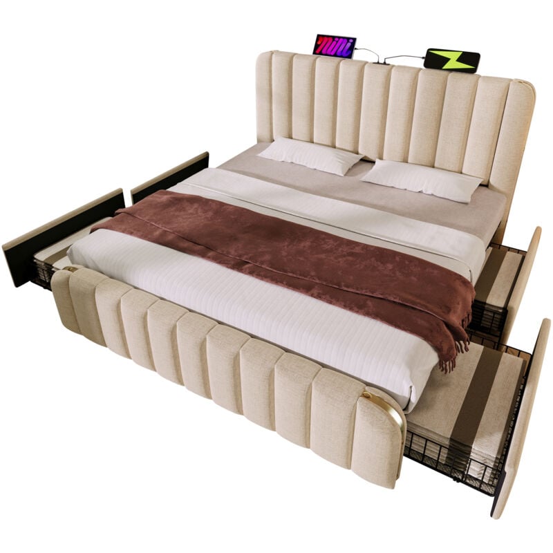Gutent - Lit double capitonné avec garniture dorée et recharge usb Type-C, lin beige, avec 4 tiroirs -180x200 cm