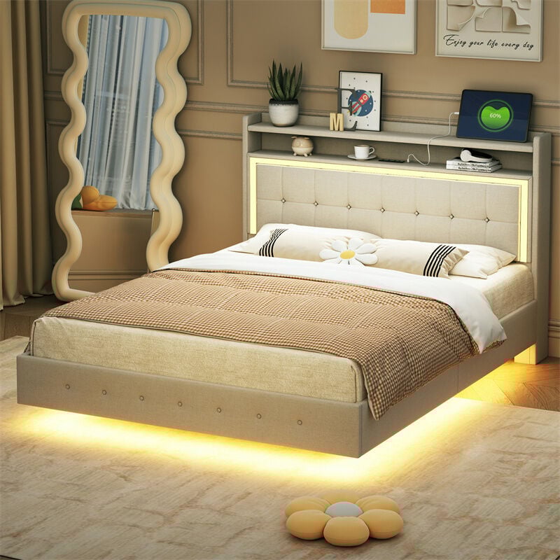 Lit double capitonné 140x200cm avec prise USB et LED, lit adulte avec sommier à lattes et tête de lit rangement, tissu en lin, beige