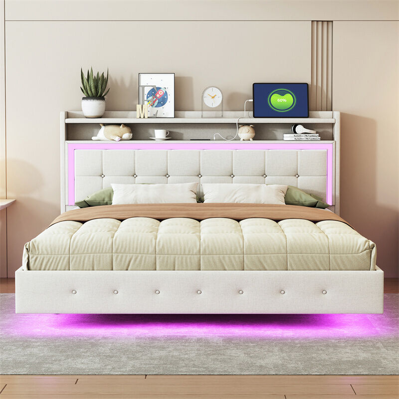 Fortuna Lai - Lit double capitonné 160x200cm avec prise usb et led, lit adulte avec sommier à lattes et tête de lit rangement, tissu en lin, beige