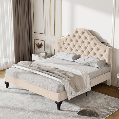 FORTUNA LAI Lit double capitonné avec sommier à lattes en bois et tête de lit réglable en nuage pour adolescent, enfant - lit en velours beige 140x190cm