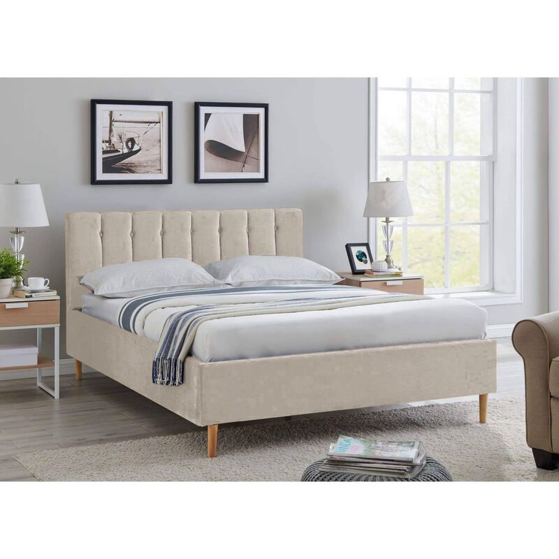 Lit double capitonné en tissu velours beige VALENTINE 160x200 cm