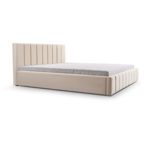 Lit double capitonné en velours 140x200 - avec tête de lit, sommier à lattes, lit adulte - Light Beige (TRINITY 2) - LIT 01