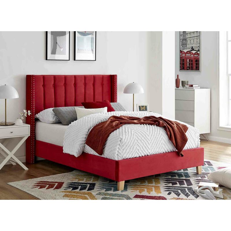 Lit double capitonné en velours rouge AXELLE 140x190 cm