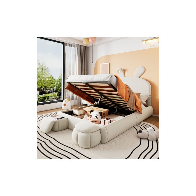 Wishdor - Lit double capitonné enfant 140 x 200 cm, oreilles de lapin avec bandes lumineuses, 2 tabourets de rangement, velours, beige