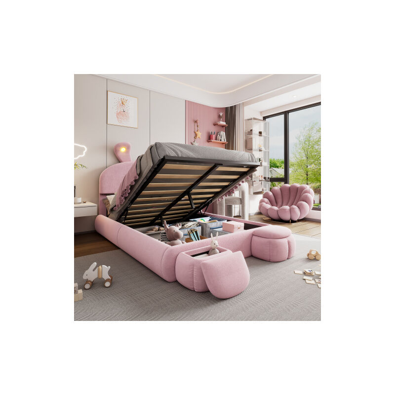 Lit coffre 140x200 cm Lit capitonné Lit enfant en oreilles de lapin avec bandes lumineuses, 2 tabourets de rangement, velours, rose