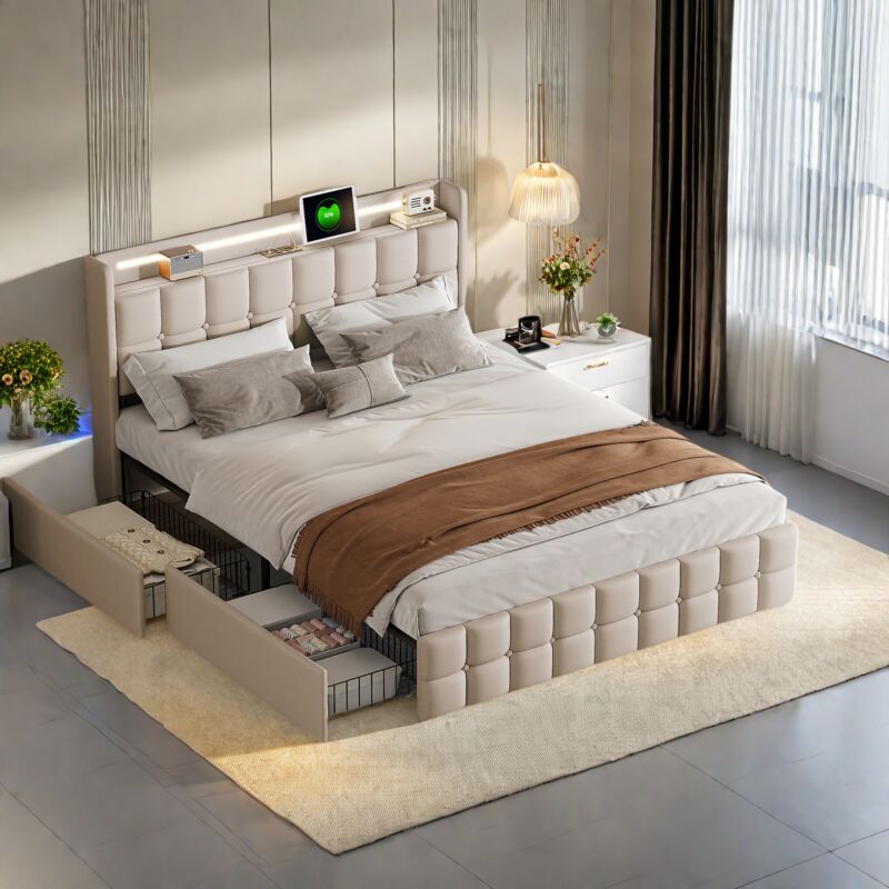 Lit capitonné 160x200, lit double 160x200 avec tiroirs, lit adulte avec 4 tiroirs, lit rembourre avec led réglable et chargement usb, sommier à