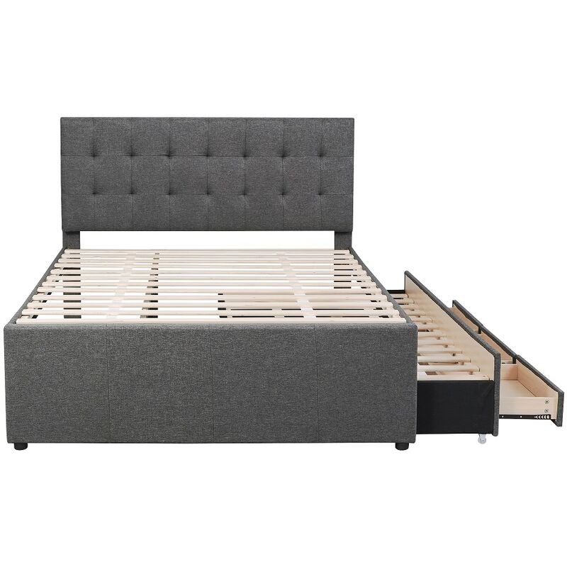 lit double capitonné lit familial avec trois tiroirs lit simple extractible avec tête de lit réglable gris foncé 140x200 cm - gris foncé