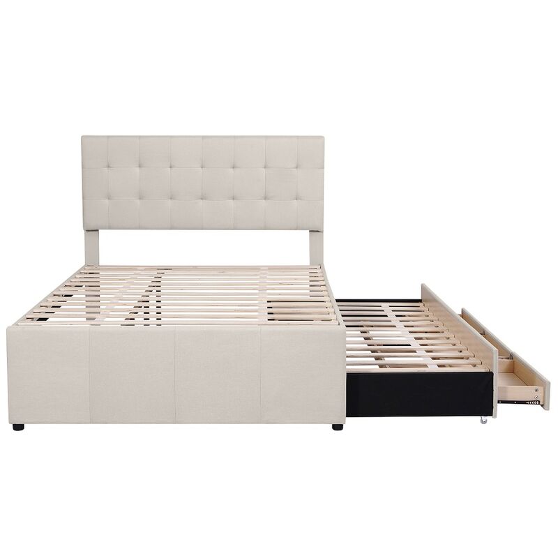 lit double capitonné lit familial avec trois tiroirs lit simple extractible avec tête de lit réglable beige 140x200 cm - beige