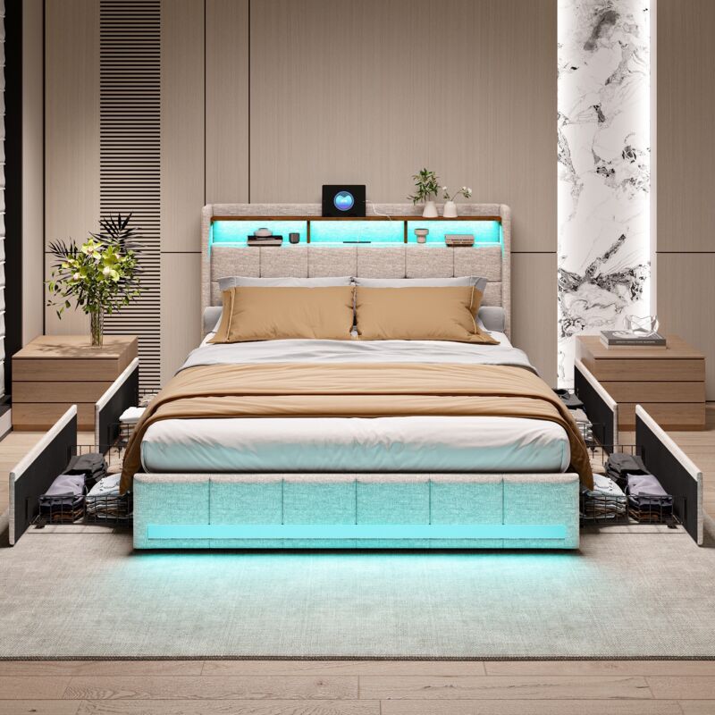 Fortuna Lai - Lit double capitonné 160x200cm, lit led avec 4 tiroirs, sommier à lattes et tête de lit rangement avec charge USB/Type c, lin, beige