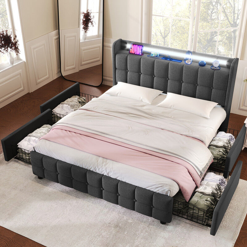 Lit double capitonné 160x200cm,tête de lit avec fonction de charge usb et éclairage LED,4 tiroirs,avec cadre à lattes et espace de rangement,sans
