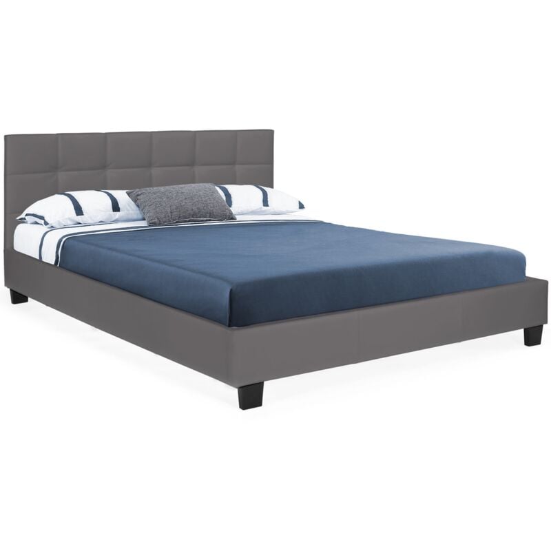 Lit double charlotte avec tête de lit et sommier 140 x 190 cm pvc gris