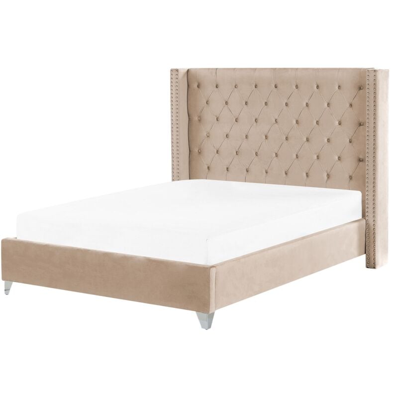 Beliani - Lit Double en Velours Beige 160 x 200 cm avec Haute Tête de Lit Chesterfield Lubbon