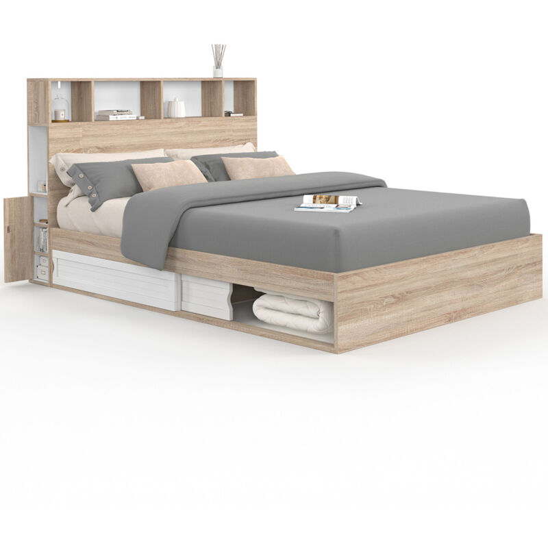 Idmarket – Lit double avec rangements 140 x 190 cm – Tête de lit tendance – 20 lattes pour soutien optimal – Effet bois et blanc