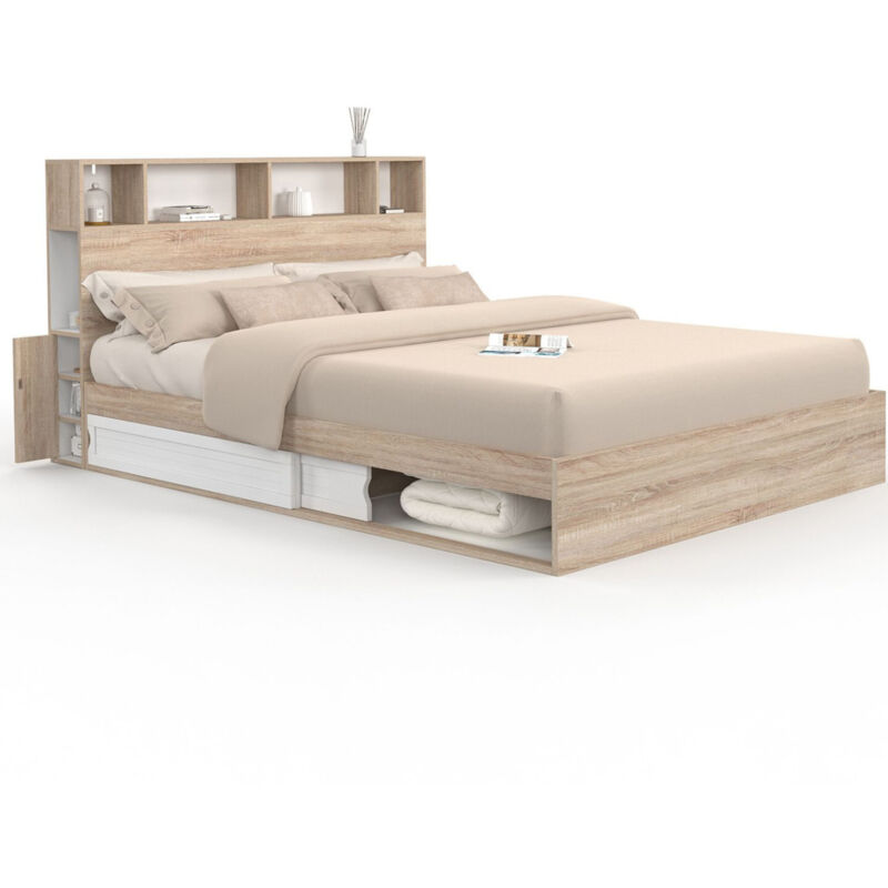 Lit double CLEM avec rangements + tête de lit et sommier 160 x 200 cm hêtre et blanc