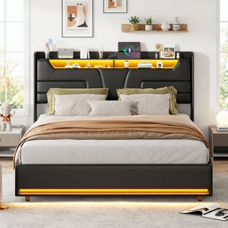 Lit double coffre 140x190 cm, rangement hydraulique, tête et pied de lit avec LED, simili cuir noir, sommier à lattes, design moderne, capacité 340 kg
