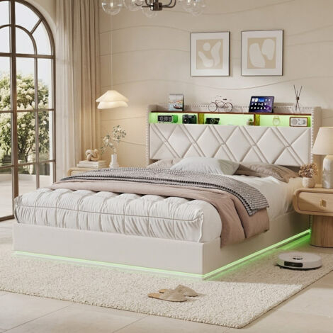 Lit Double Coffre 140x200 cm avec LED, Lit Rembourré Hydraulique avec USB et Type-C, Lit Capitonné avec Sommier à Lattes, Lit 2 Personnes avec Rangement, Beige
