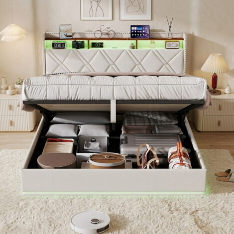 Lit Double Coffre 160x200 cm avec LED, Lit Rembourré Hydraulique avec USB et Type-C, Lit Capitonné avec Sommier à Lattes, Lit 2 Personnes avec Rangement, Beige