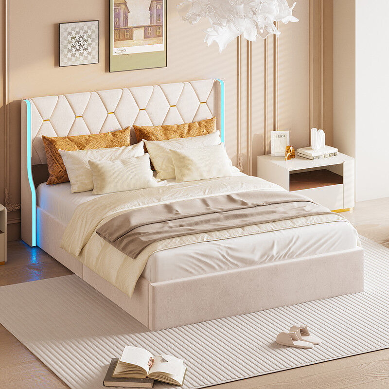 Lit double coffre 140x200, Lit adulte avec rangement, lit capitonné avec tête de lit éclairage LED, hydraulique espace de rangement, style moderne,