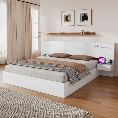 Lit double connecté 180x200 blanc avec chevets OKMYHOME