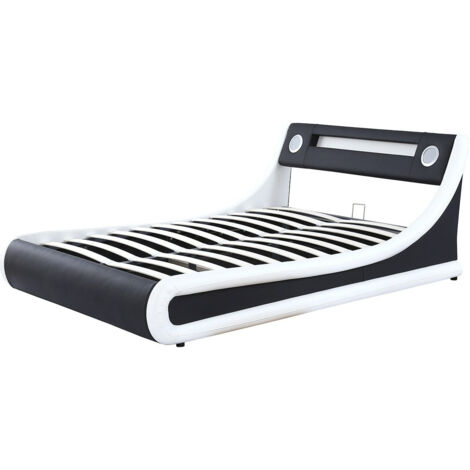 Lit double contemporain 160x200 avec haut-parleurs intégrés Bluetooth – Tête de lit LED – Coffre de rangement – Simili cuir noir et blanc – Meubler Design