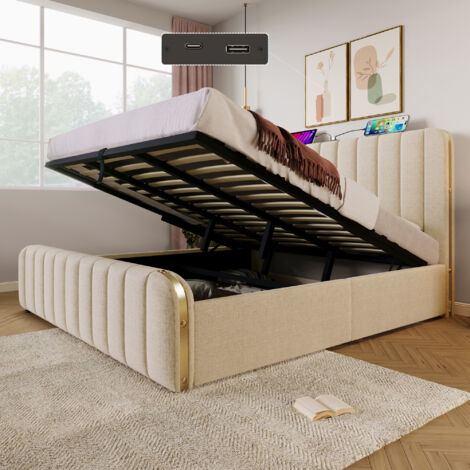 Lit double – Coussinets – Bandes dorées – Charge USB-C – 180 × 200 cm – Lin beige – Lit à ressorts – Sans matelas