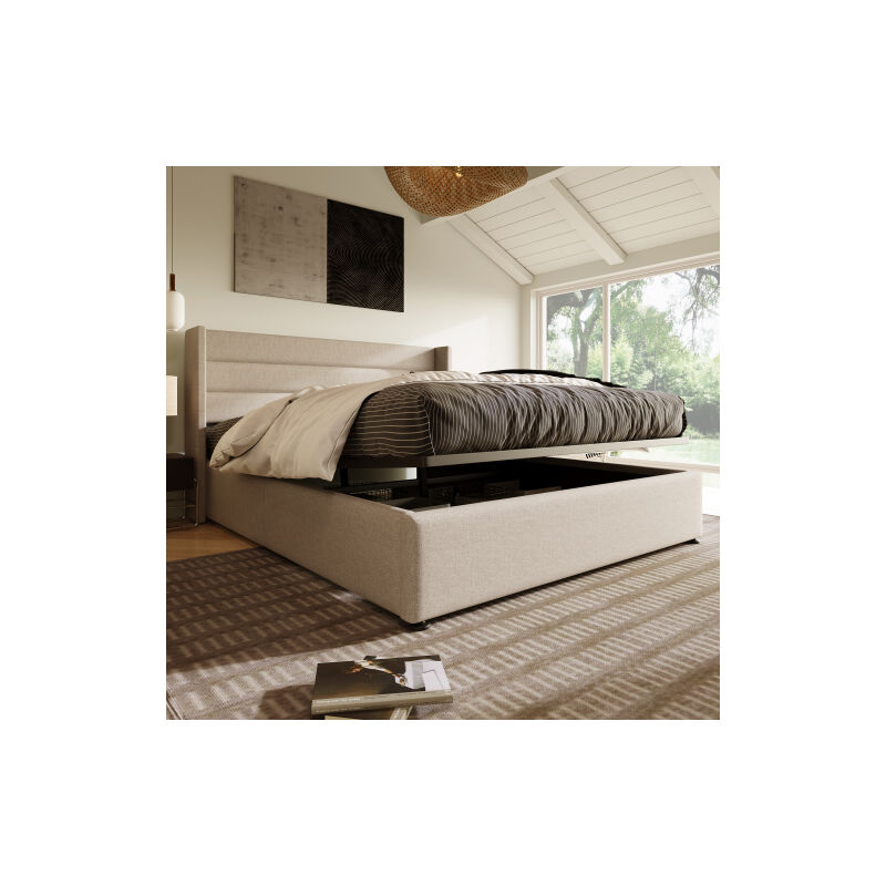 Liberté - Lit double de rangement rembourré hydraulique 180x200cm, sommier à lattes en bois, lin, beige