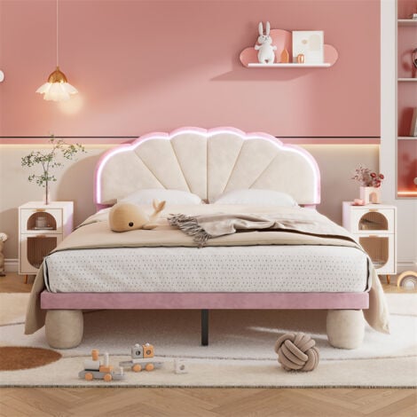FORTUNA LAI Lit double d'enfant 140x200cm avec bandes lumineuses LED, lit plat velours avec sommier à lattes et tête de lit ondulée, beige+rose