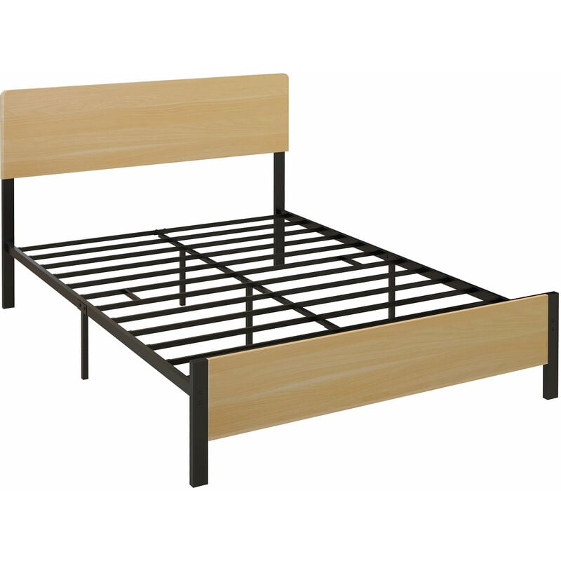 lit double design industriel - tête de lit, pied de lit et sommier - compatible matelas 190l x 140l cm - acier noir aspect bois clair - marron