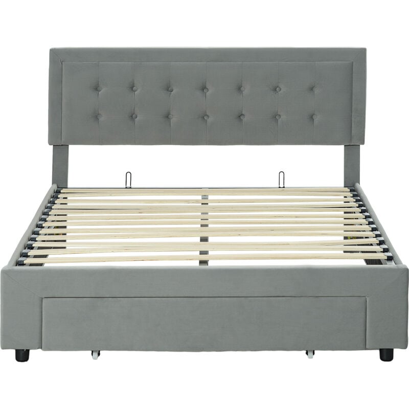 Lit double design industriel - tête de lit, pied de lit et sommier - dim. 145l x 203,5P x 95-104H cm - compatible matelas 140 x 200 cm - tissu 100%