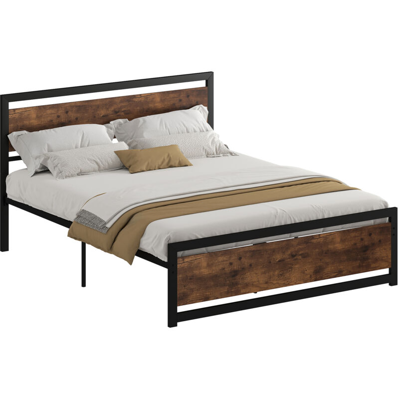 Lit double design industriel - tête de lit, pied de lit et sommier - dim. 208L x 167l x 103H cm - compatible matelas 200L x 160l cm - acier noir mdf