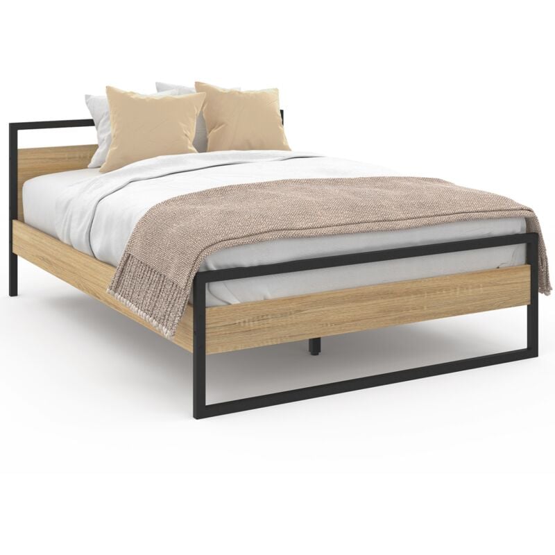 Lit double industriel detroit avec tête de lit et sommier 140 x 190 cm bois et métal noir