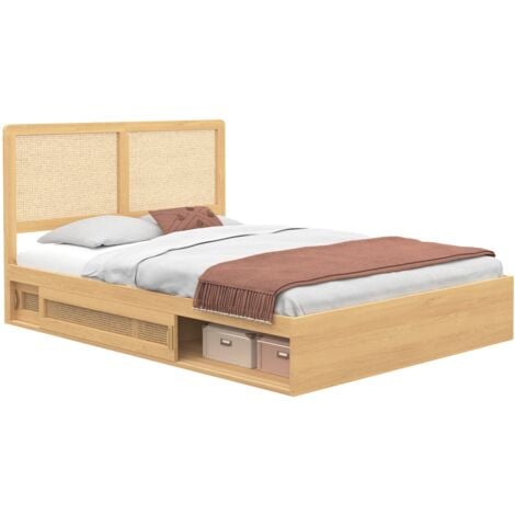 IDMARKET Lit double EDHEN avec rangements + tête de lit cannage et sommier 140 x 190 cm coloris bois
