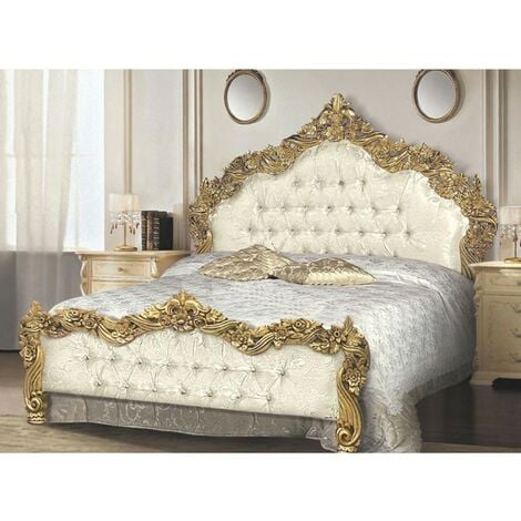 Lit double en bois avec tête de lit et pied de lit en tissu damassé 172x200xh.170 cm
