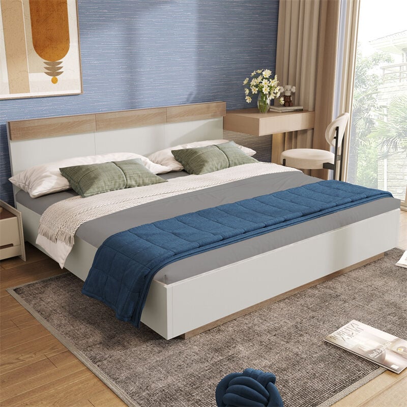 Lit double en bois - cadre de lit suspendu avec tête de lit et sommier à lattes sans matelas en chêne Sonoma/blanc - 160x200cm