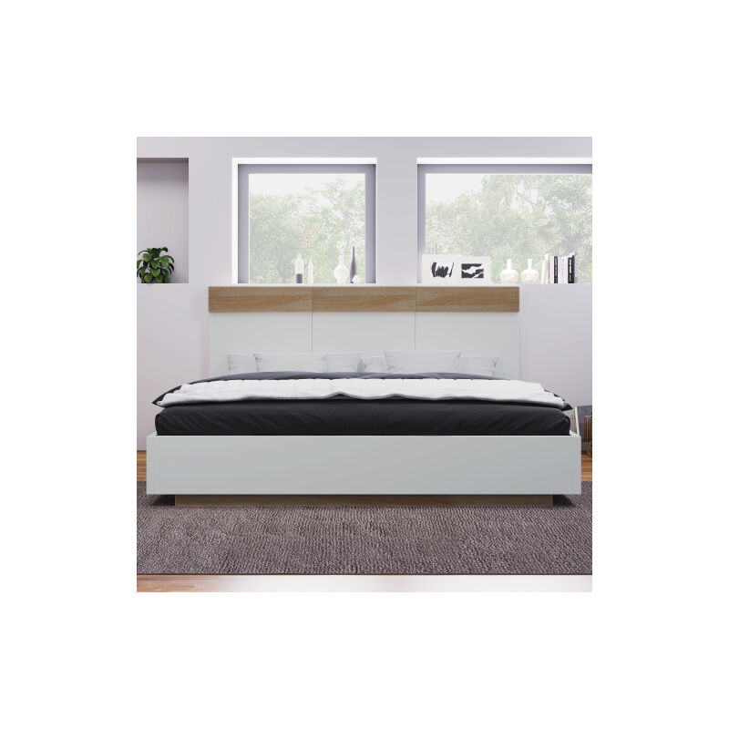 Lit double en bois Lit suspendu avec tête de lit en cadre de lit &sommier à lattes -205x184x90.5 cm(P/L/H) Ensemble en Chêne Sonoma/Blanc(Sans