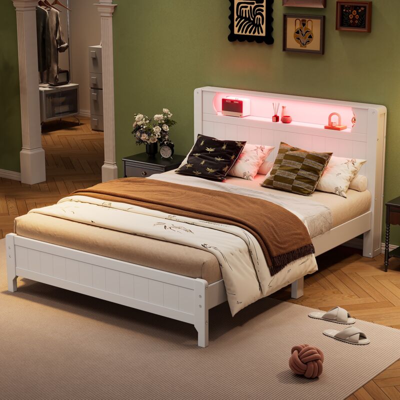 Eifson - Lit double en bois massif 140x200cm, avec étagères ouvertes, bande lumineuse led d'ambiance jaune chaud, lit plat, pin + mdf - Blanc